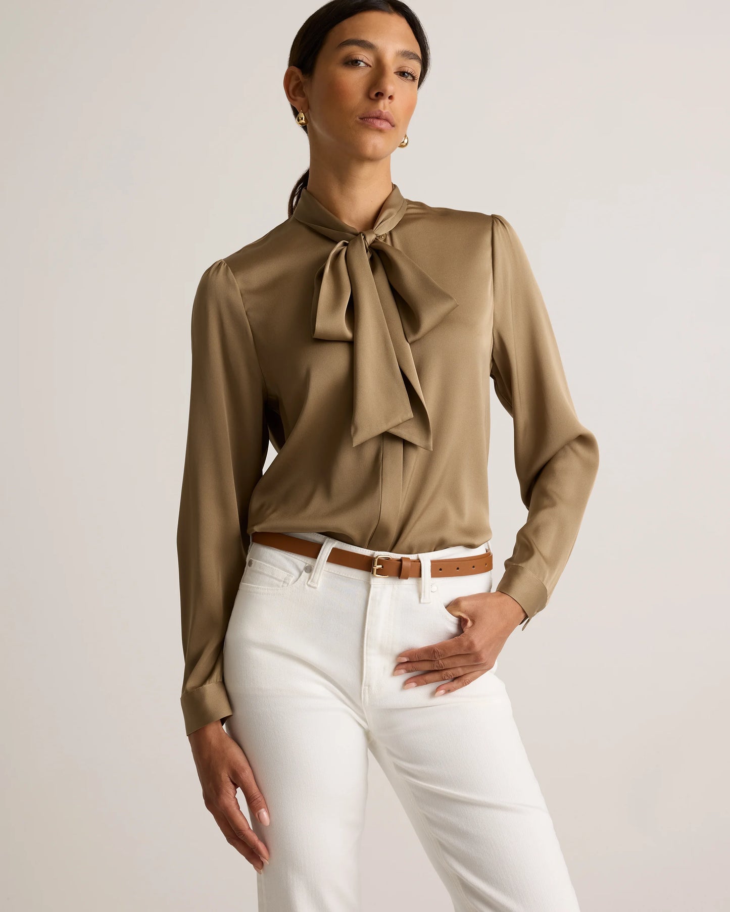 Washable Stretch Silk Tie Neck Blouse - XS / Moonstone Blue