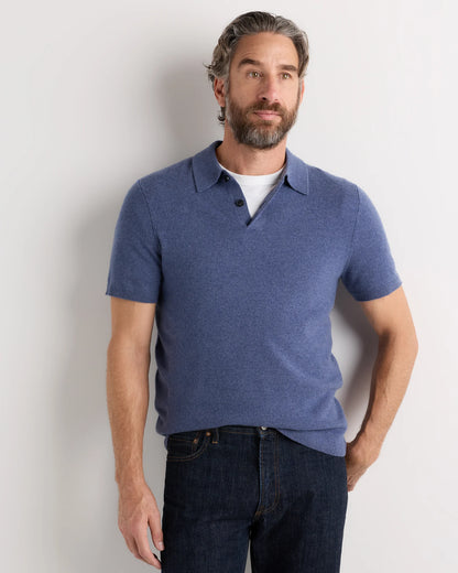 100% Mongolian Cashmere Short Sleeve Polo Sweater - S / Heather Storm Blue
