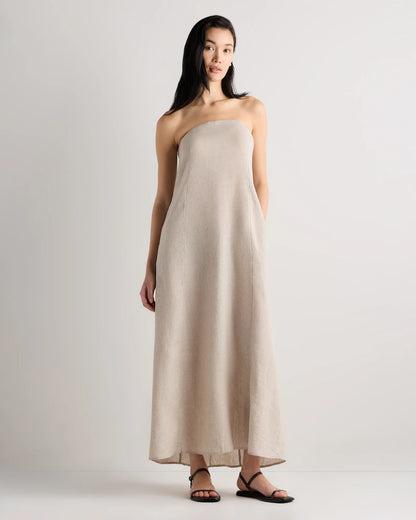 100% European Linen Strapless Maxi Dress - XS / Brick Red Heirloom Floral
