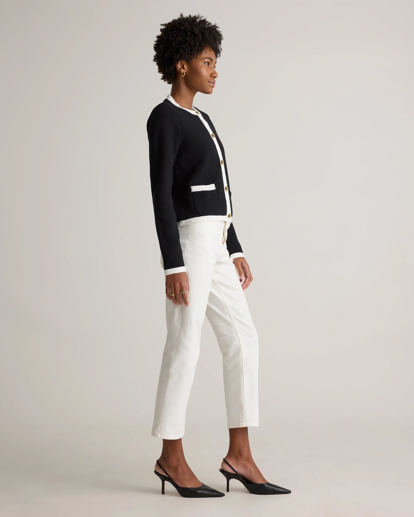 100% Organic Cotton Sweater Jacket - XS / Black/Ivory Colorblock