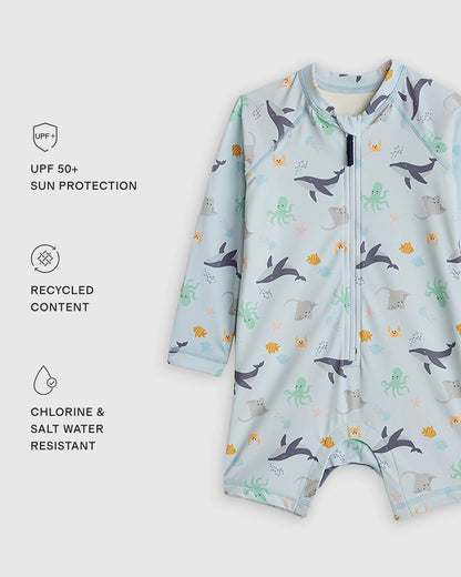 Long Sleeve Zip-Up Rash Guard One-Piece - 0-3M / Peri Beach Stripe