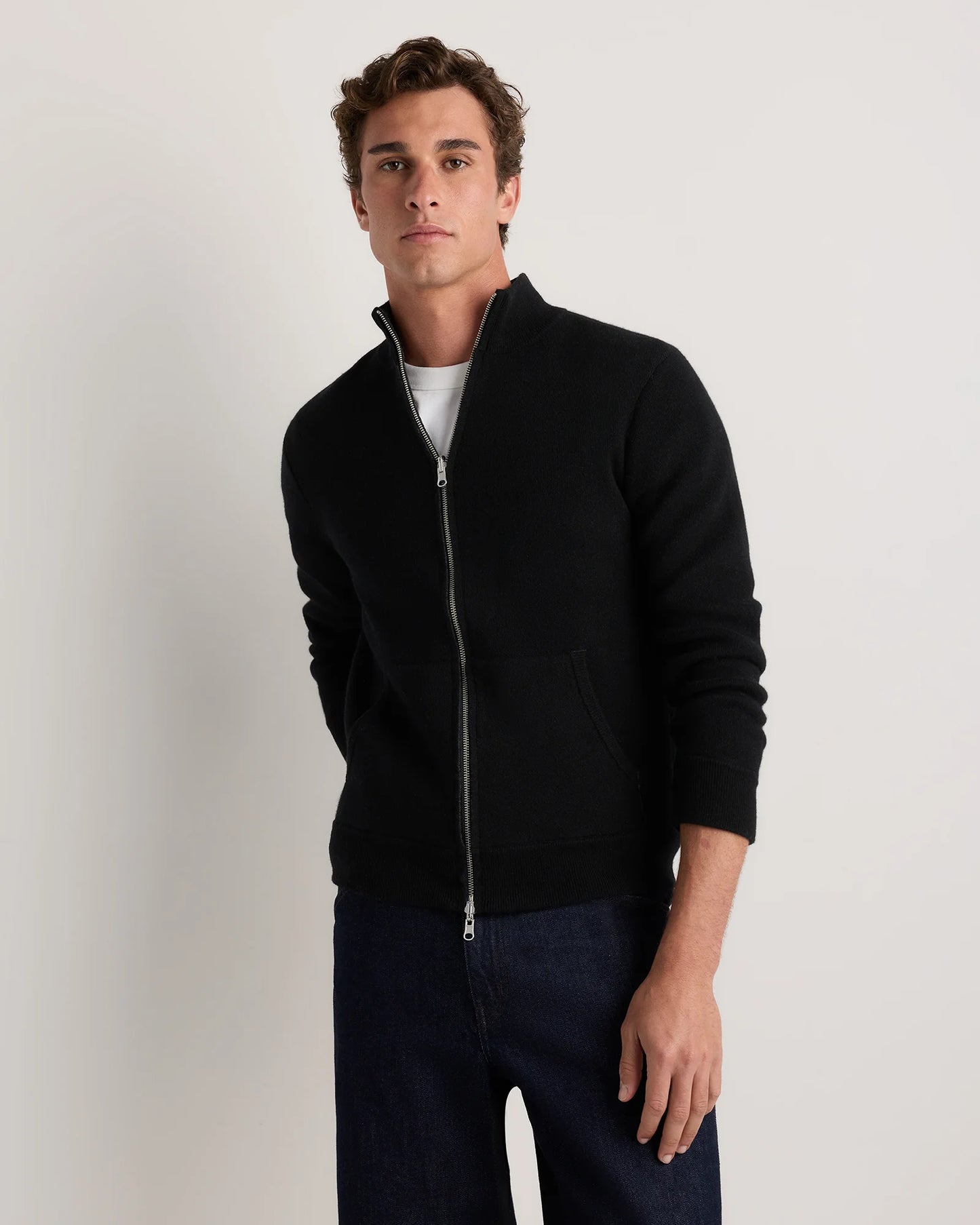 100% Reversible Cashmere Full Zip Sweater - S / Black/Charcoal