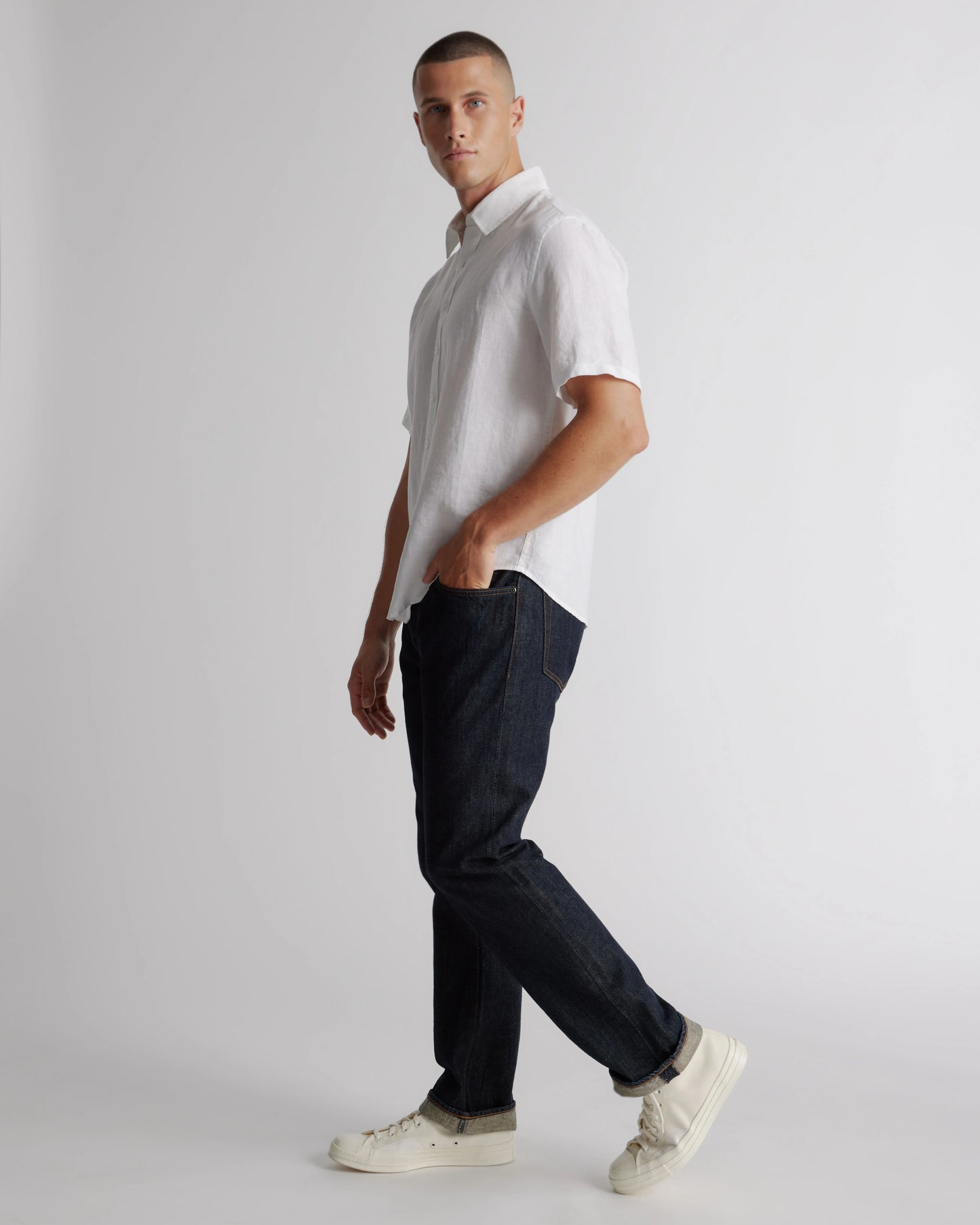 100% European Linen Relaxed Short Sleeve Shirt - XS / Taupe Brown Chambray