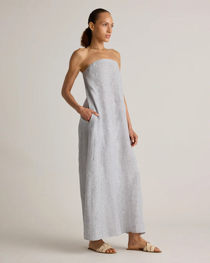 100% European Linen Strapless Maxi Dress - XS / Brick Red Heirloom Floral
