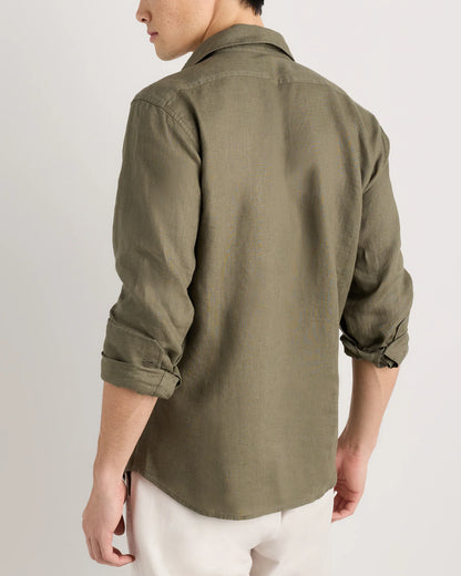 100% European Linen Utility Shirt - S / Taupe Brown Chambray