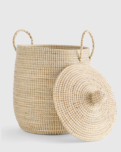 Handwoven Seagrass Lidded Storage Baskets (Set of 3) - Set of 3 (S/M/L) / White Wash