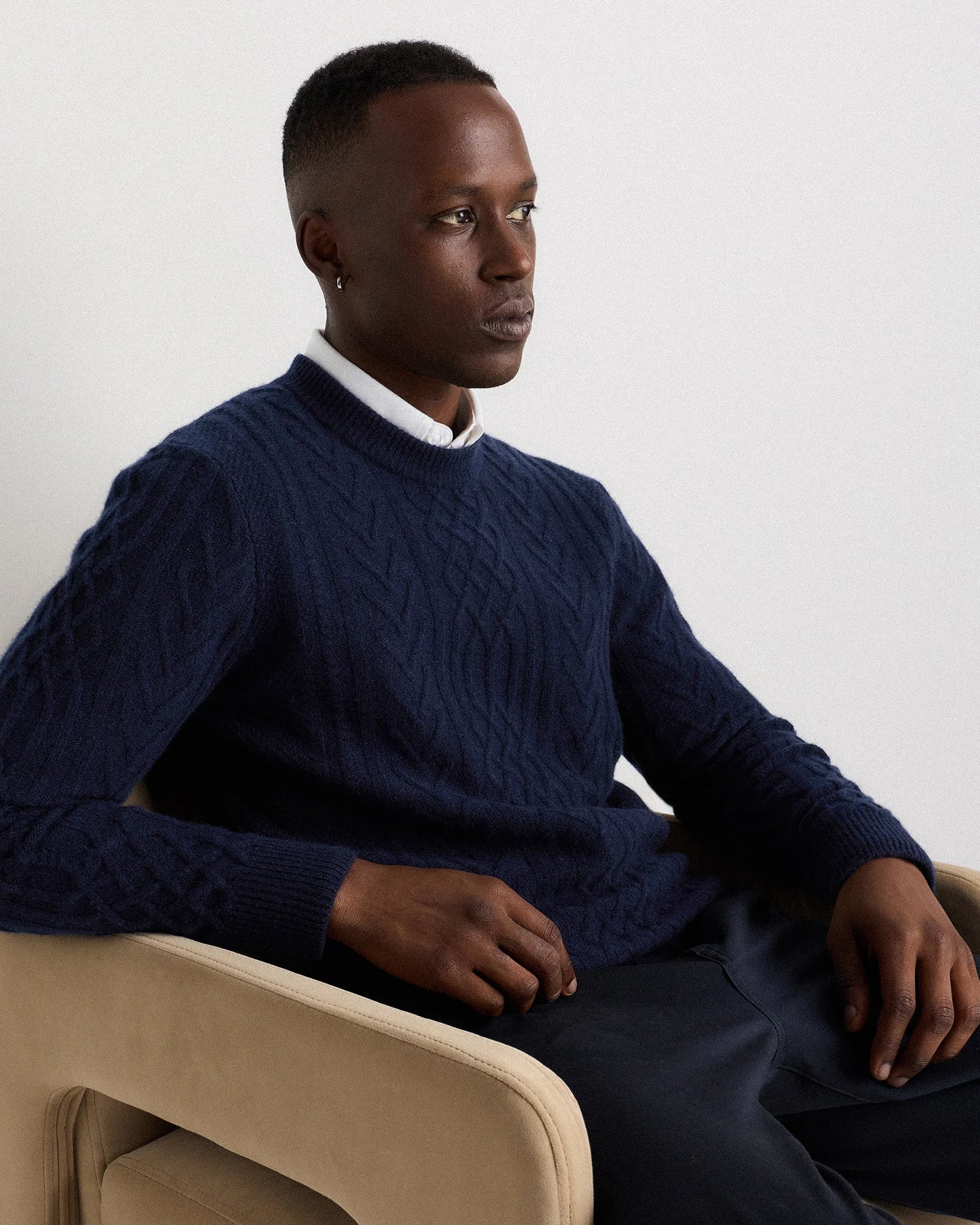 Mongolian Cashmere Cable Crewneck Sweater - S / True Navy