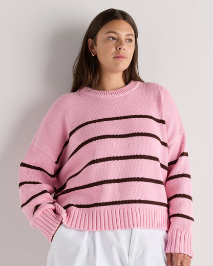 100% Organic Cotton Striped Crew Sweater - 1X / Speckled Beige/Ivory