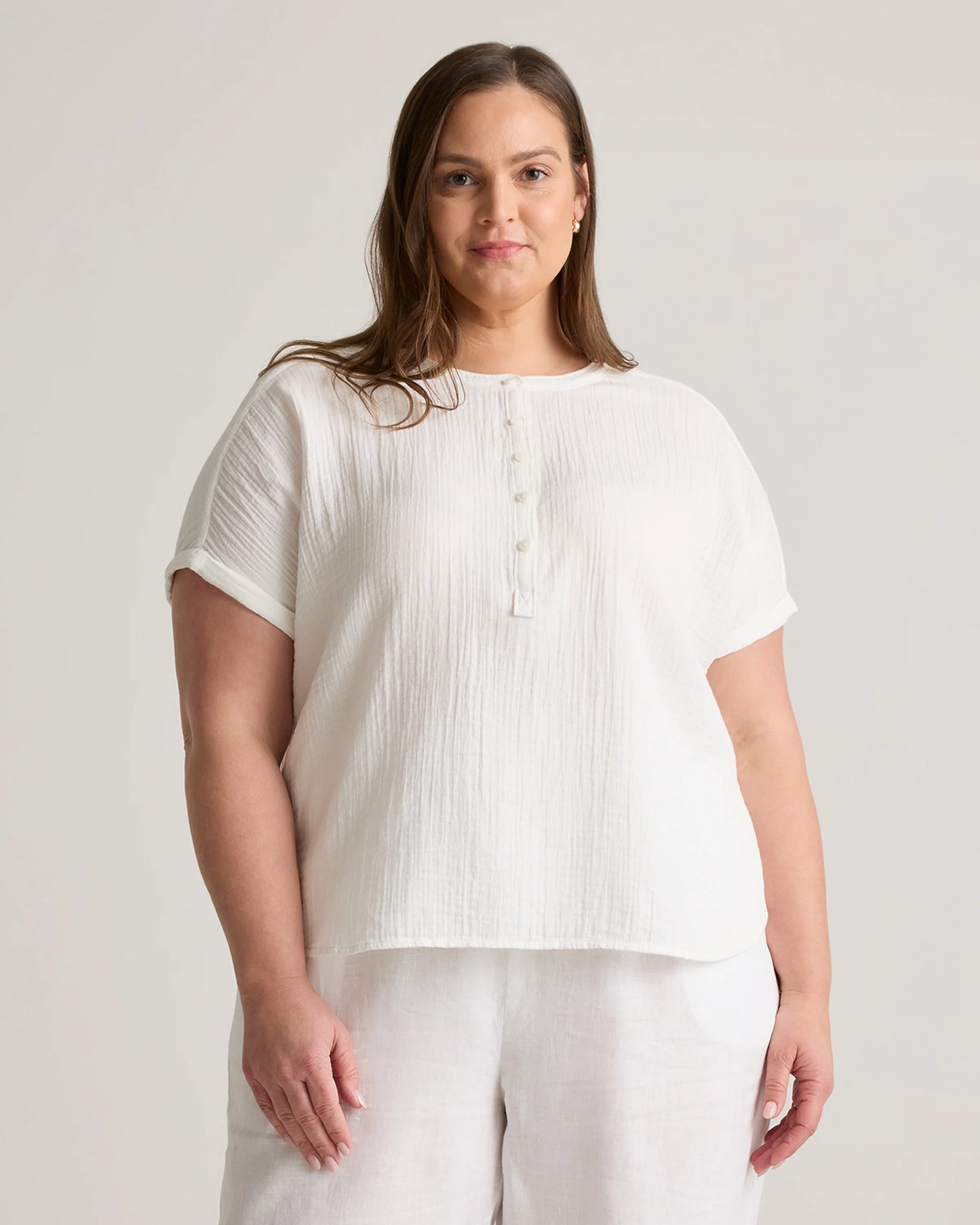 100% Organic Cotton Gauze Roll Sleeve Shirt - 1X / White
