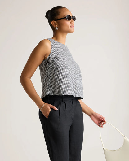 100% European Linen Cropped Tank - XS / Taupe Brown Gingham