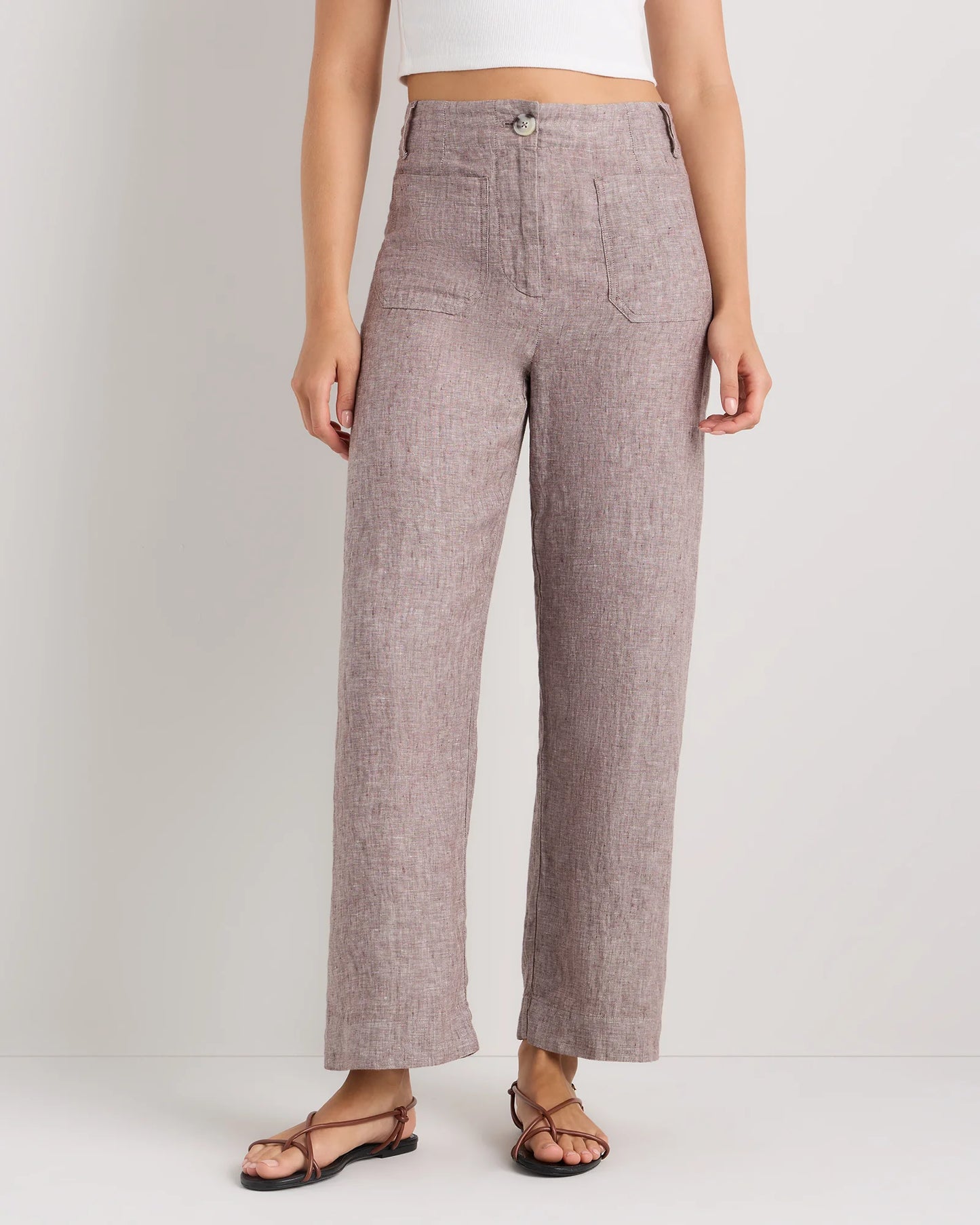 100% European Linen Patch Pocket Wide Leg Pants - 0 / Taupe Brown Chambray