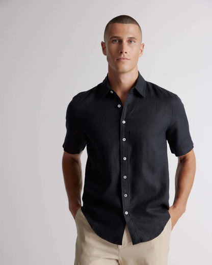 100% European Linen Relaxed Short Sleeve Shirt - XS / Taupe Brown Chambray