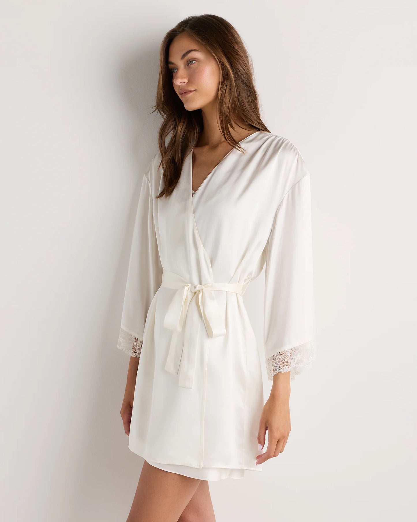 100% Washable Silk Satin Lace Trim Robe - XS / Black