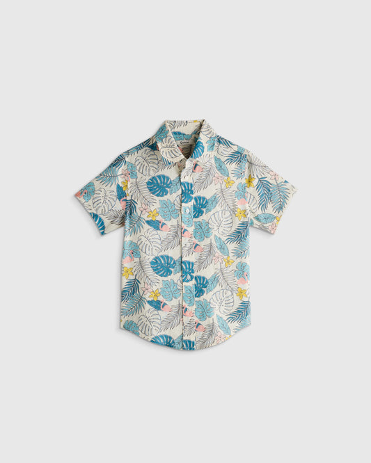 100% European Linen Printed Short Sleeve Shirt - 2T / Multi Palm