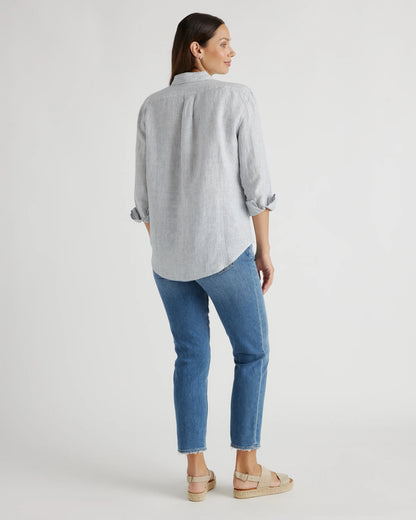 100% European Linen Maternity Long Sleeve Shirt - XS / Blue Pinstripe