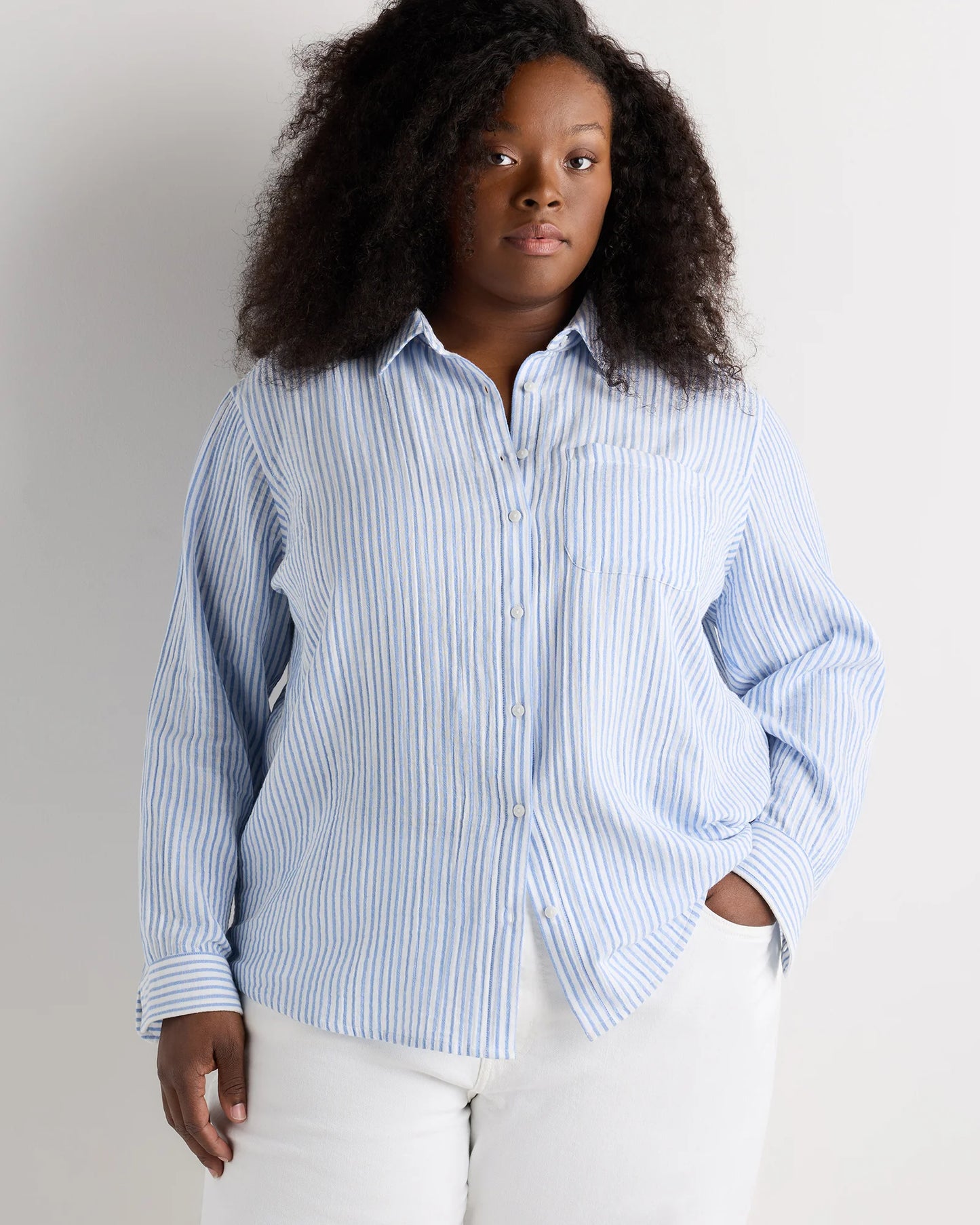 100% Organic Cotton Gauze Long Sleeve Shirt - 1X / White