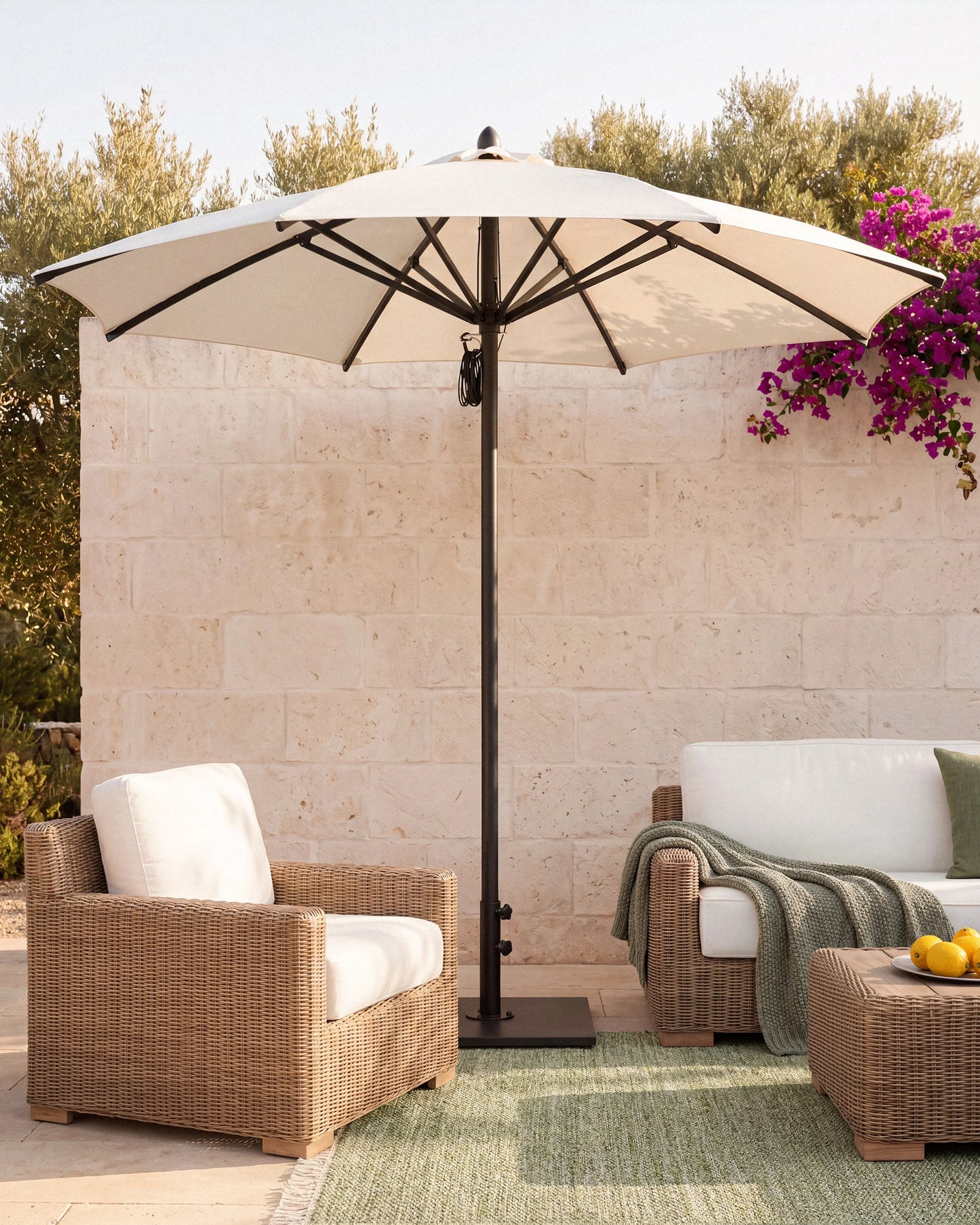 9' Round Sunbrella Outdoor Umbrella and Base - One Size / Natural/Black