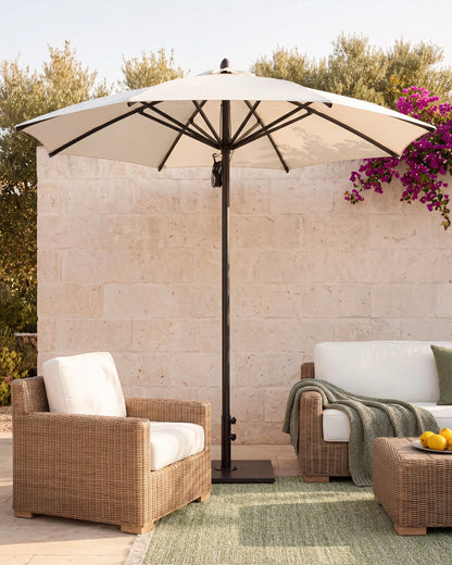 9' Round Sunbrella Outdoor Umbrella and Base - One Size / Natural/Black