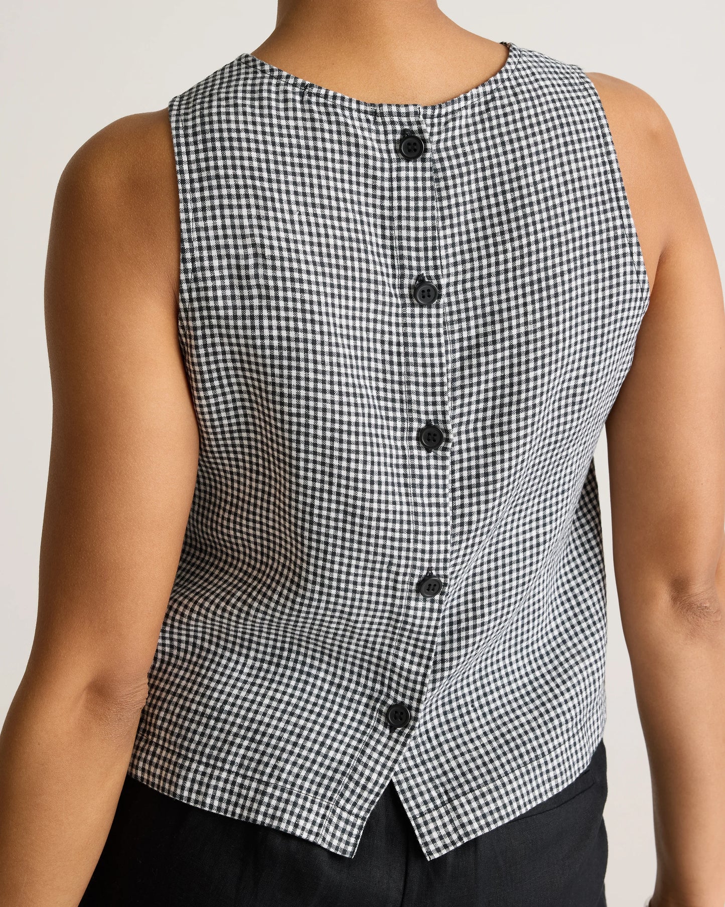 100% European Linen Cropped Tank - XS / Taupe Brown Gingham