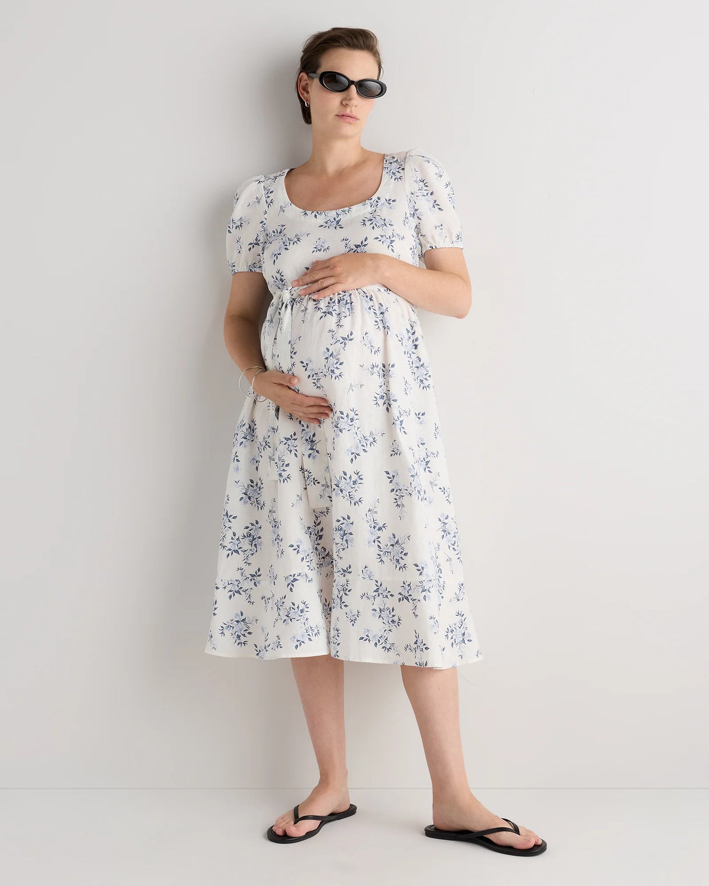 100% European Linen Maternity Short Sleeve Midi Dress - XS / Ivory Porcelain Blue Petite Floral