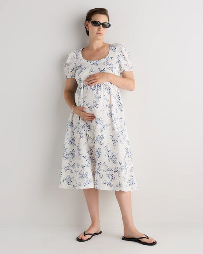 100% European Linen Maternity Short Sleeve Midi Dress - XS / Ivory Porcelain Blue Petite Floral