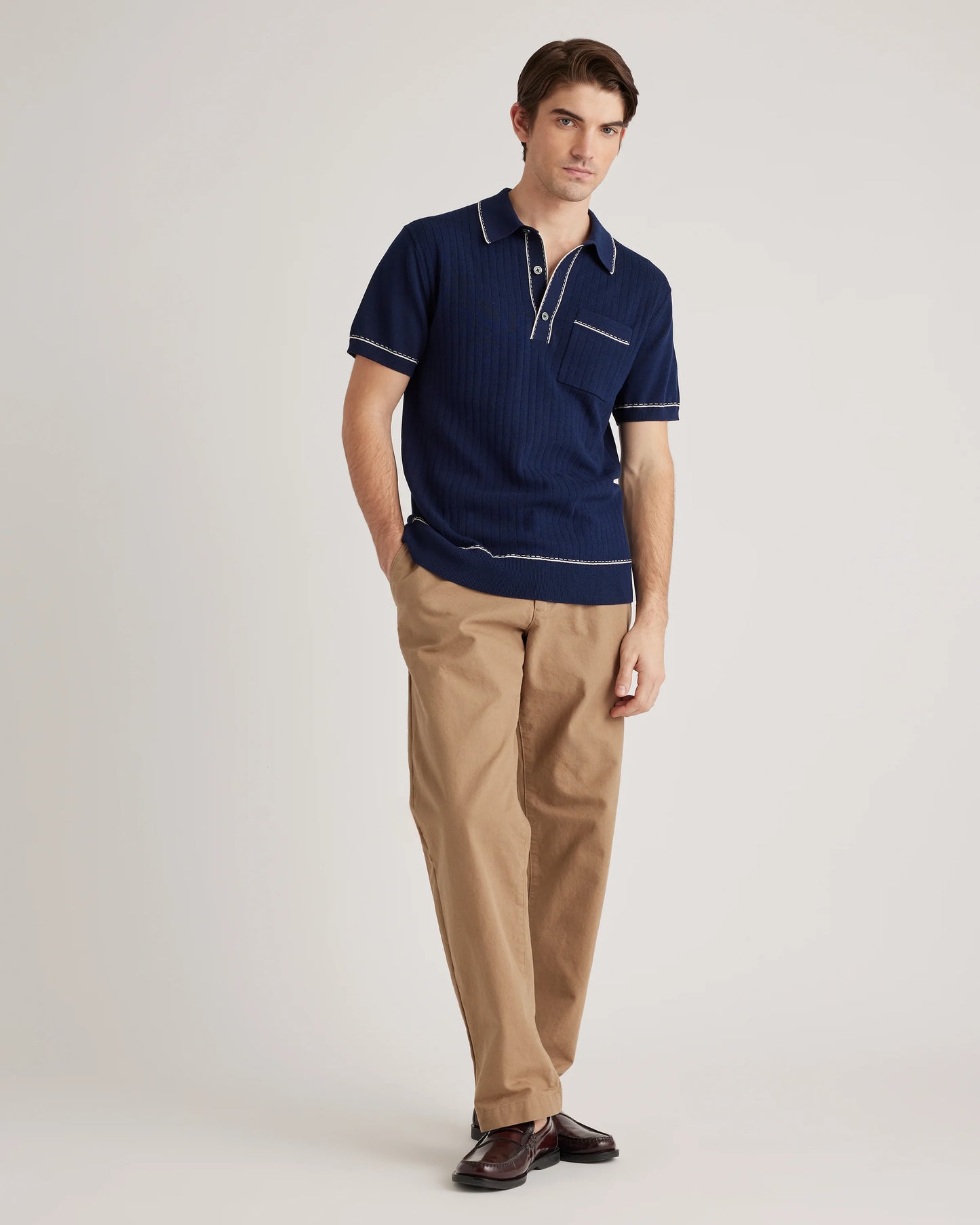 Organic Cotton-Silk Tipped Polo Sweater - S / Navy/Ivory