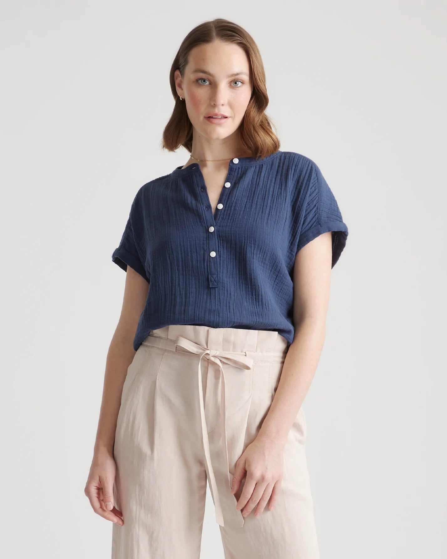 100% Organic Cotton Gauze Roll Sleeve Shirt - XS / Spiced Orange
