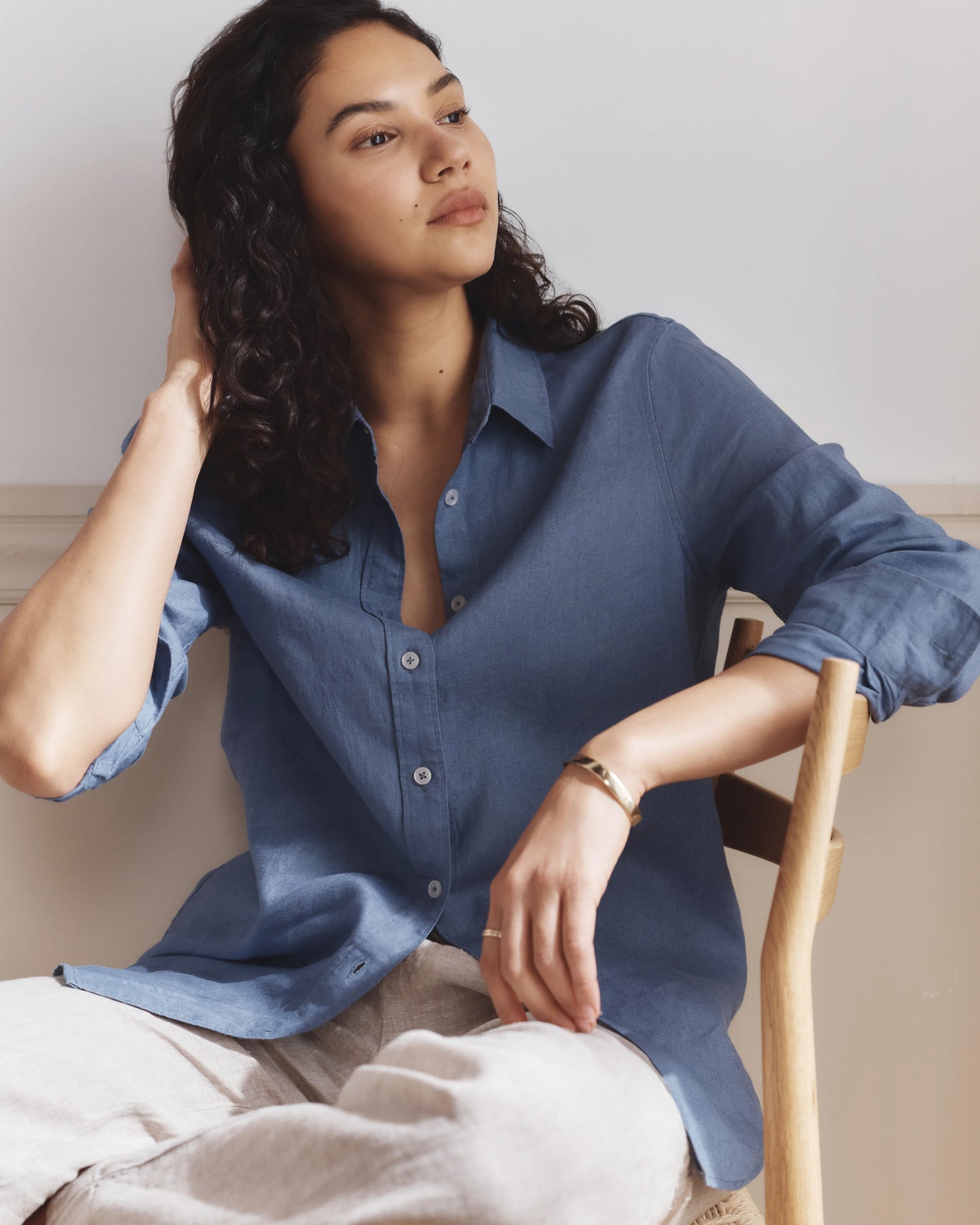 100% European Linen Long Sleeve Shirt - XS / Blue Pinstripe