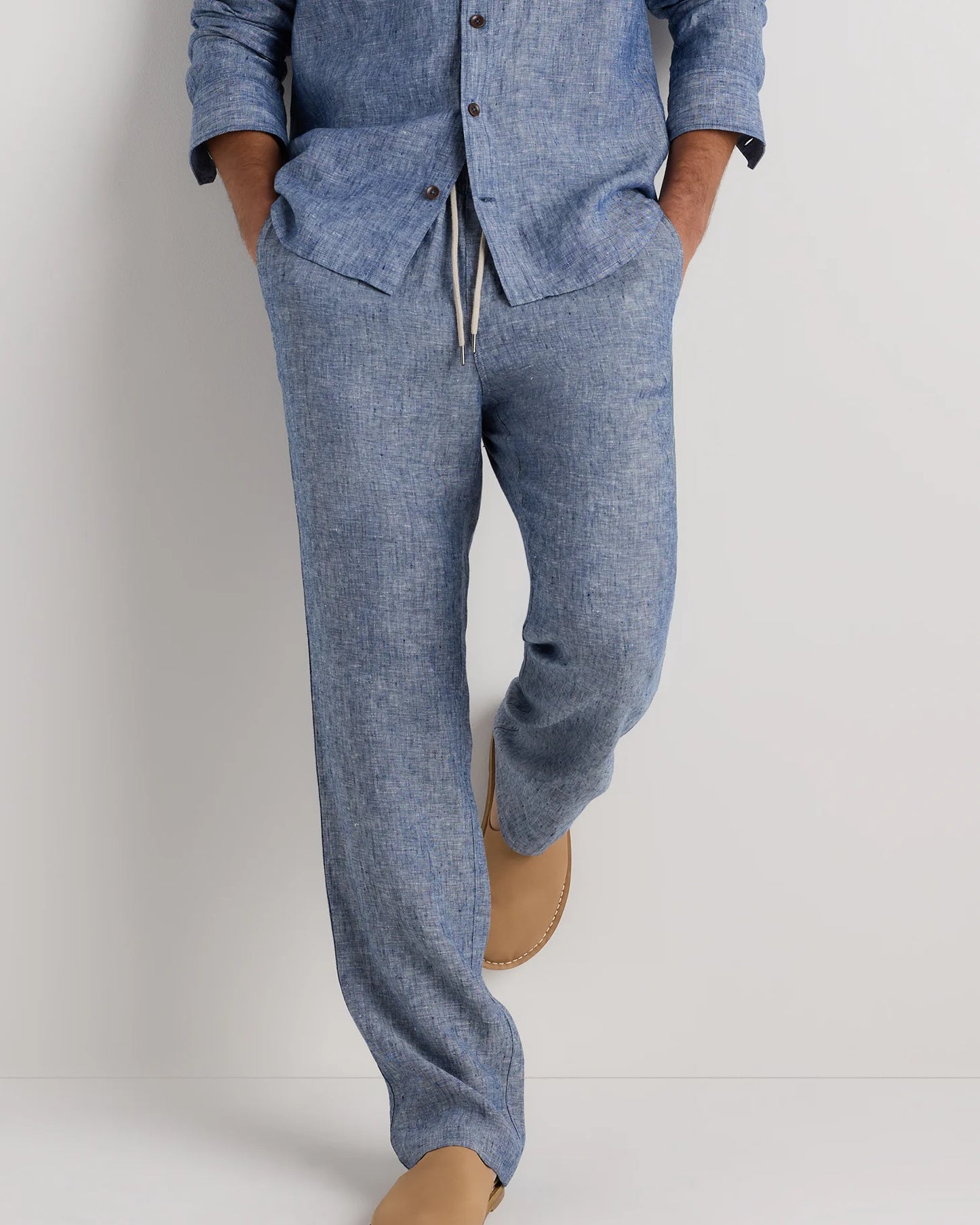 100% European Linen Drawstring Beach Pants - XS / Taupe Brown Chambray