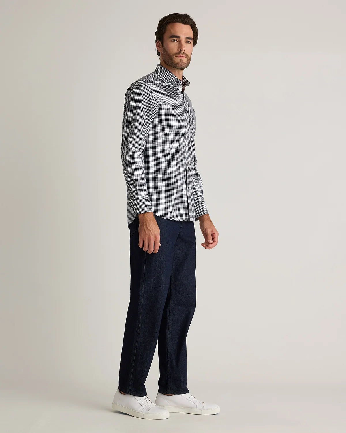Organic Cotton Stretch Poplin Dress Shirt - S / White/Navy Minigrid