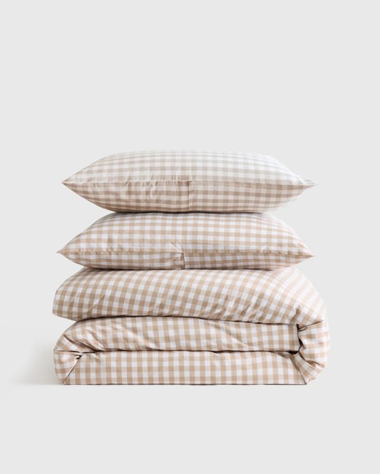 Organic Crisp Percale Gingham Duvet Cover Set - Twin / Cafe