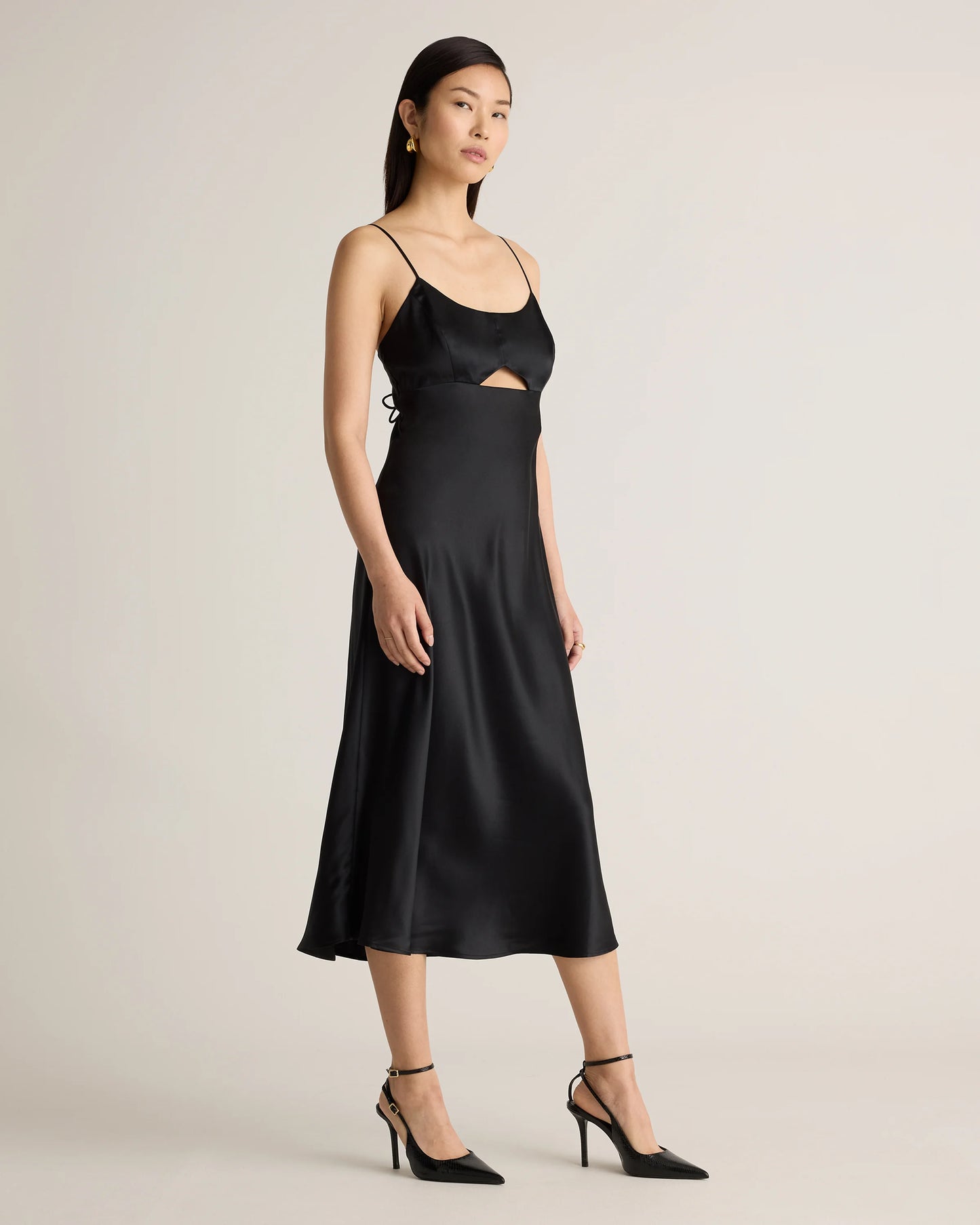100% Washable Silk Cutout Midi Slip Dress - XS / Black