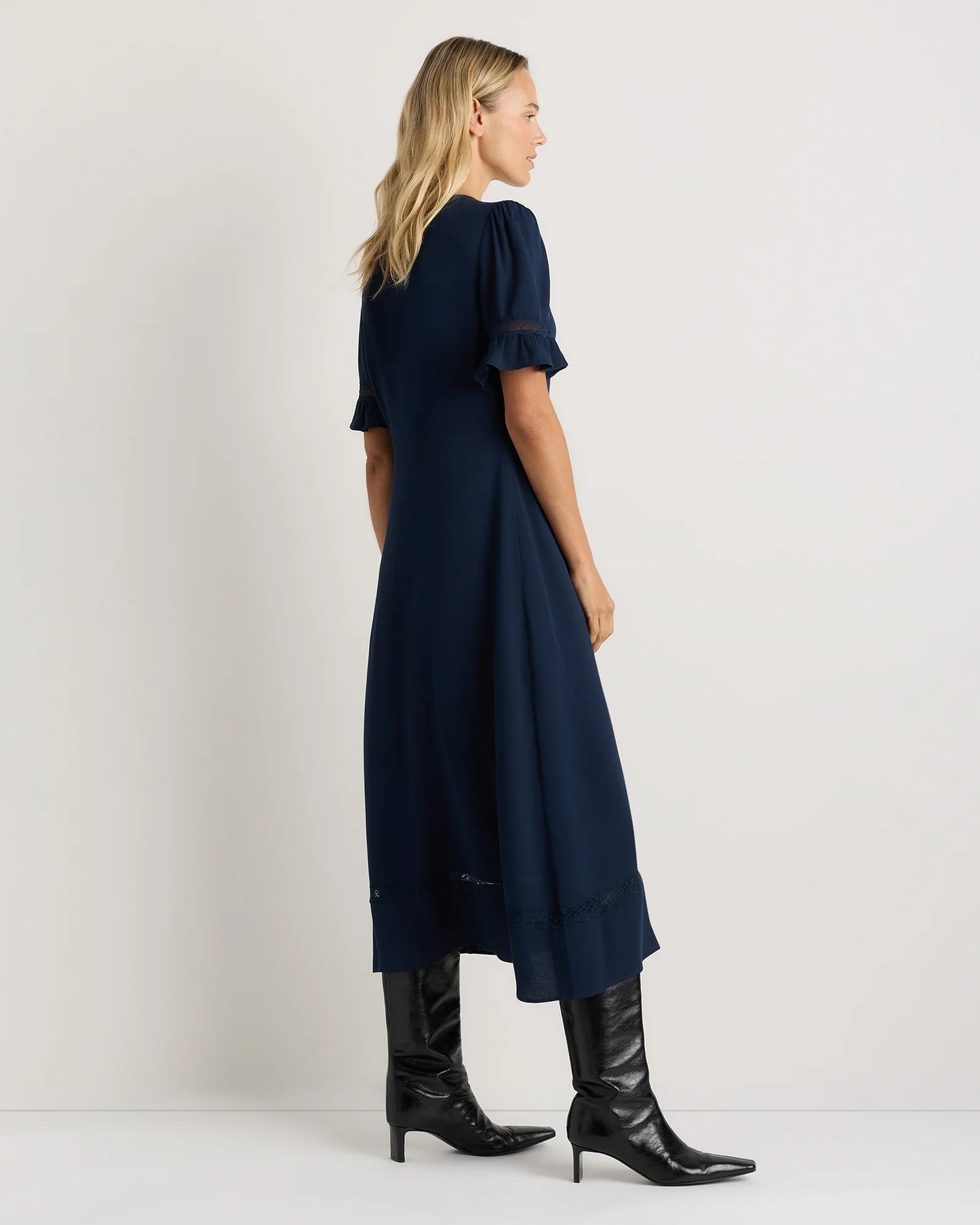 Lightweight Crepe Lace Inset Midi Dress - XS / Moonstone Blue