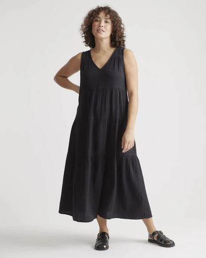 100% Organic Cotton Gauze Tiered Maxi Dress - XS / Indigo Blue