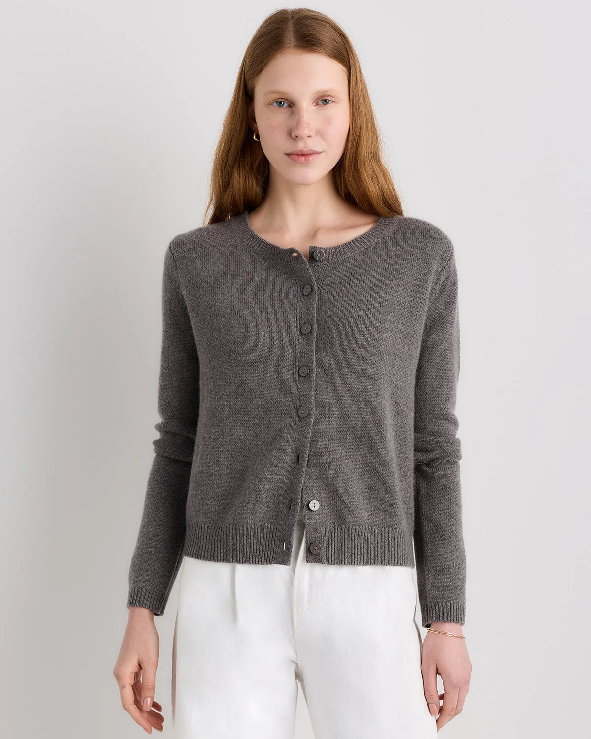 Mongolian Cashmere Cropped Crew Cardigan - XS / Heather Vintage Pink / Brown Variegated Stripe