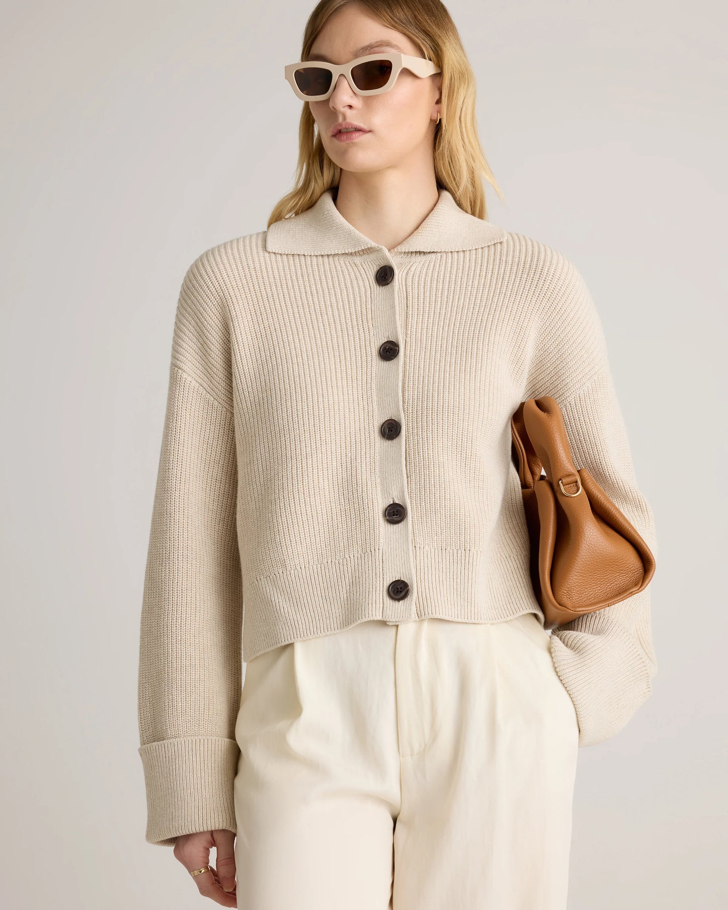100% Organic Cotton Fisherman Collared Cardigan - XS / Heather Dove Grey