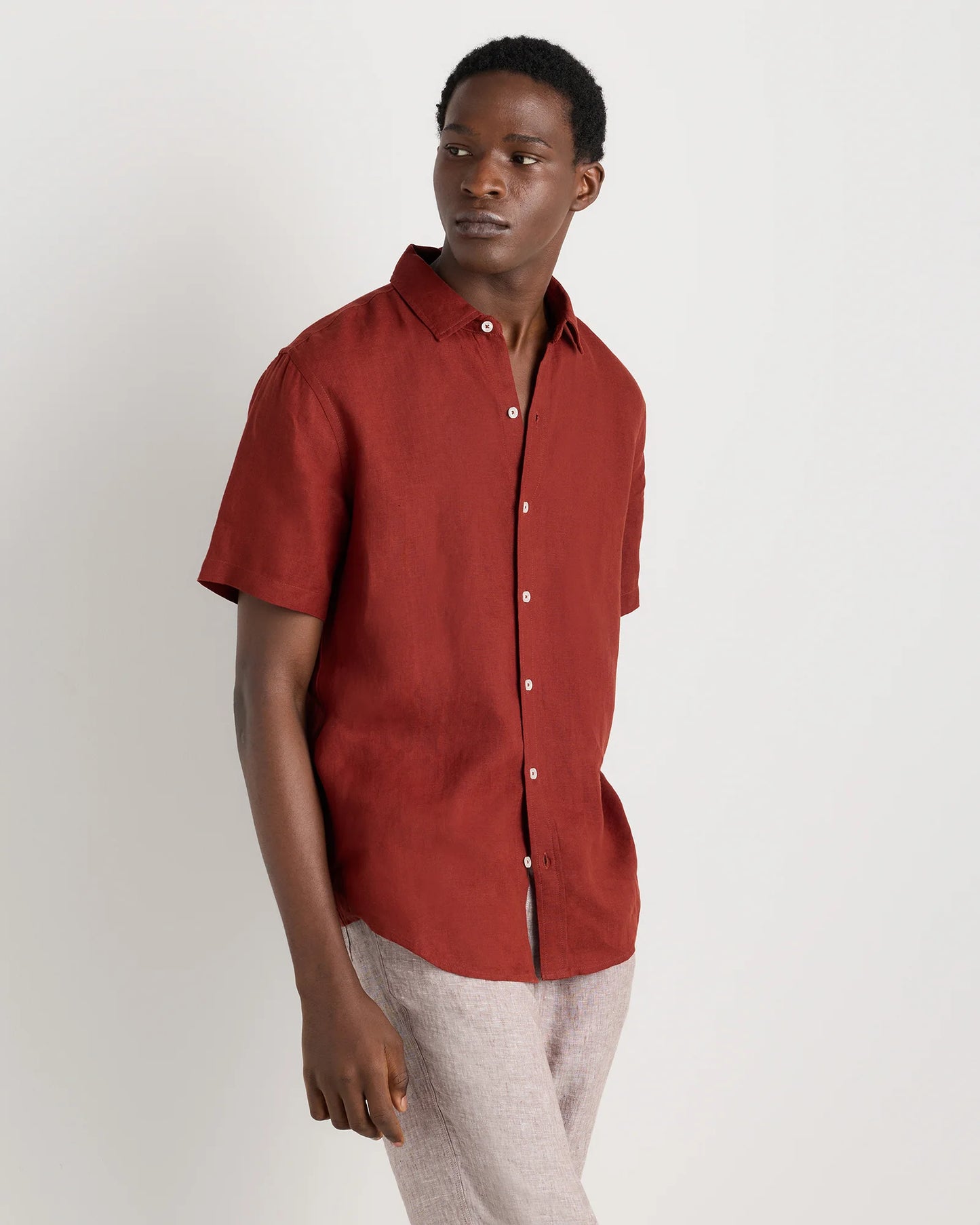 100% European Linen Relaxed Short Sleeve Shirt - XS / Taupe Brown Chambray