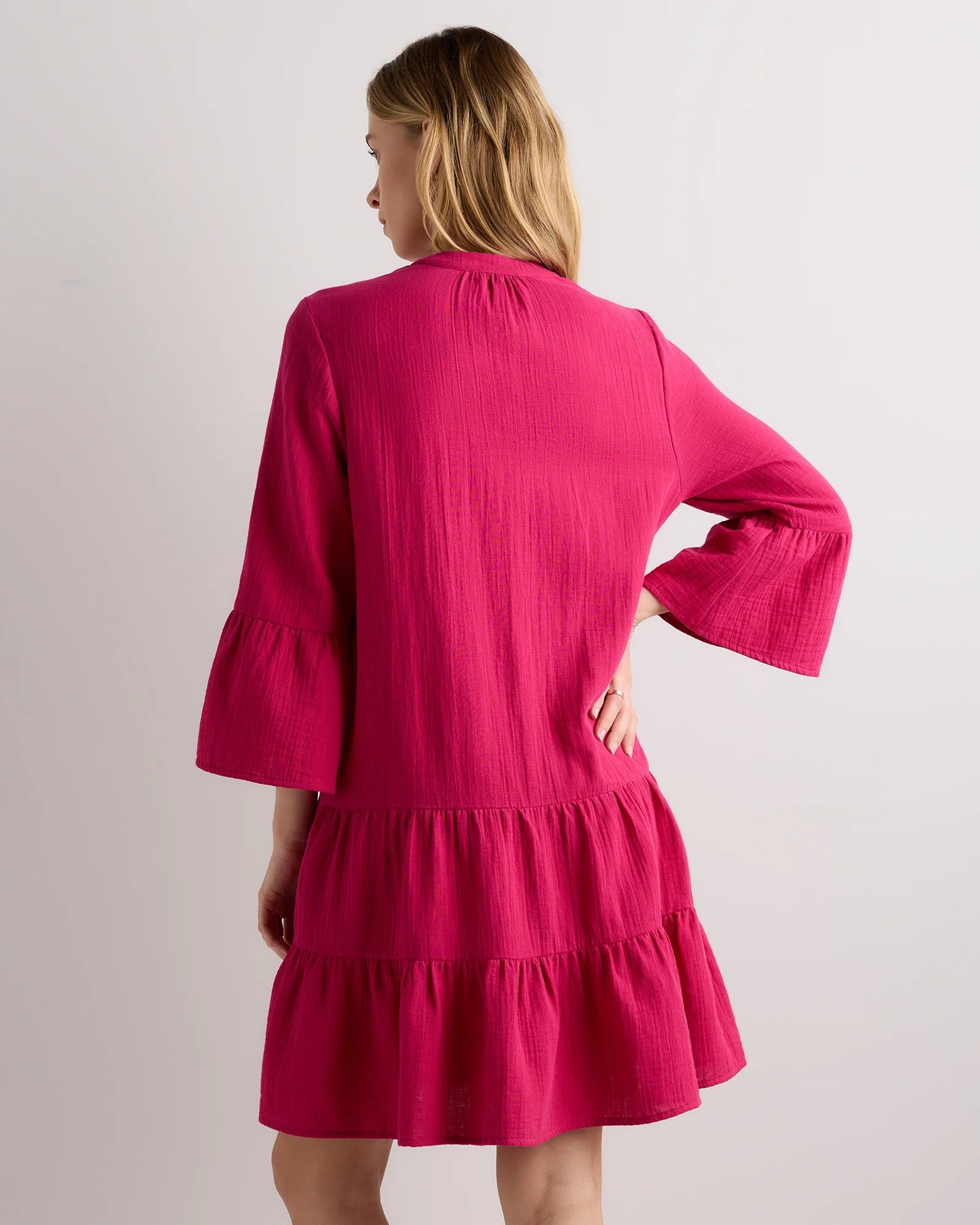 100% Organic Cotton Gauze Long Sleeve Tiered Mini Dress - XS / Amaranth Pink