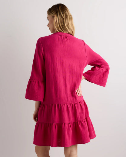 100% Organic Cotton Gauze Long Sleeve Tiered Mini Dress - XS / Amaranth Pink