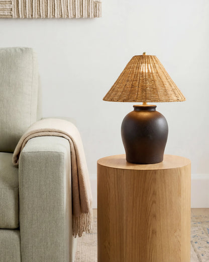 Artisan Ceramic Table Lamp with Rattan Shade - One Size / Black