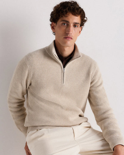 100% Organic Cotton Ribbed Quarter-Zip Sweater - S / Navy