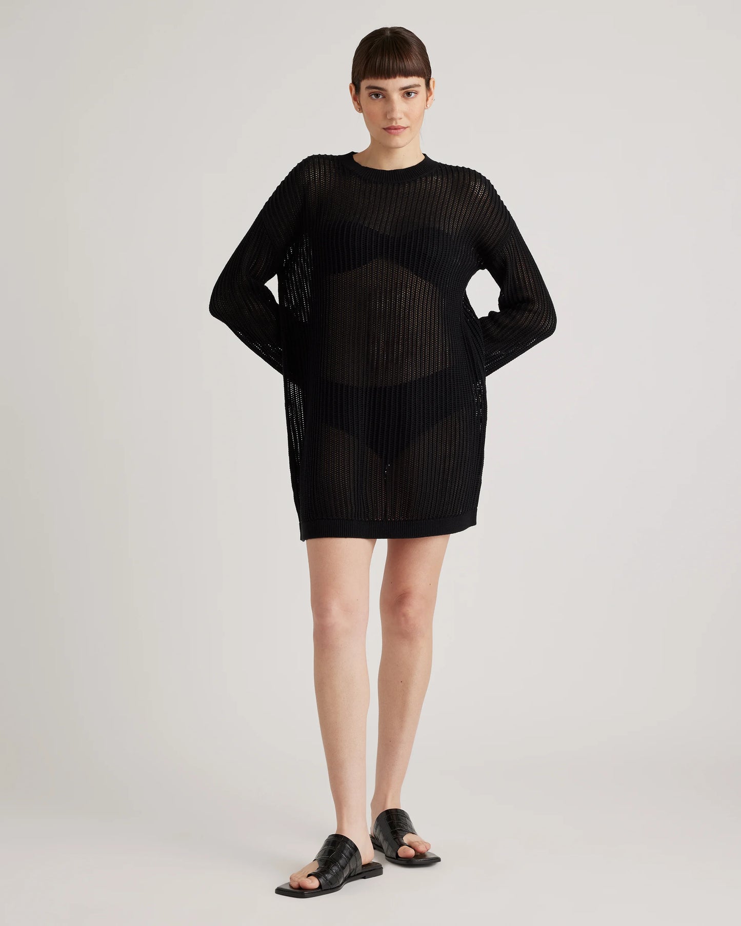 100% Organic Cotton Open-Knit Long Sleeve Cover-Up Mini Dress - XS / Beige