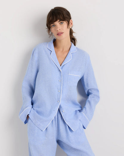 100% European Linen Long Sleeve Pajama Set with Piping - XS / Taupe Brown Gingham
