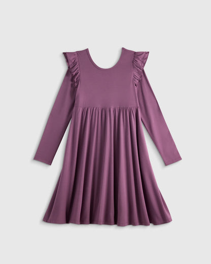 Bamboo Long Sleeve Flutter Twirl Dress - 6 / Navy Blossoms