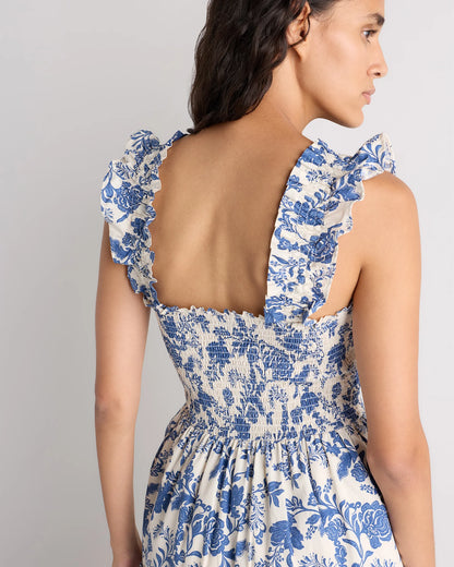 100% Organic Cotton Poplin Smocked Midi Dress - XS / Riviera Blue Heirloom Floral
