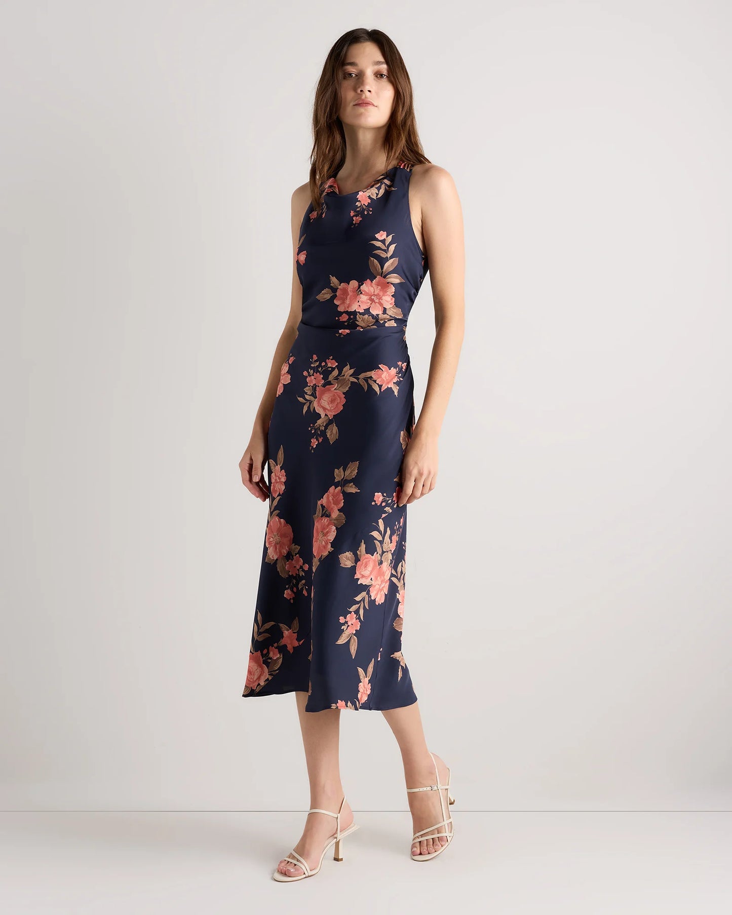 Washable Stretch Silk High Neck Midi Dress - XS / Vintage Navy Roses