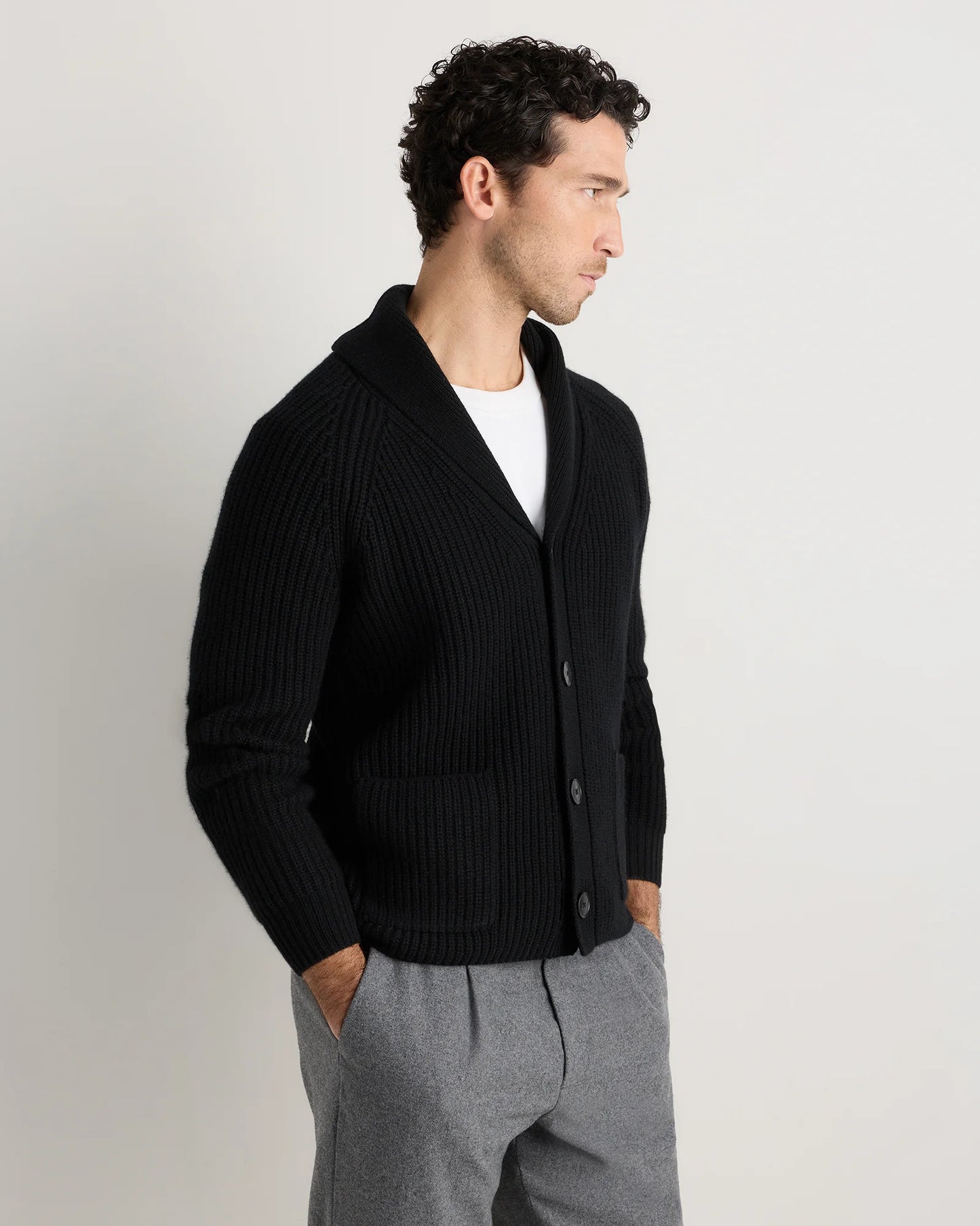 Mongolian Cashmere Shawl Collar Cardigan - S / Black
