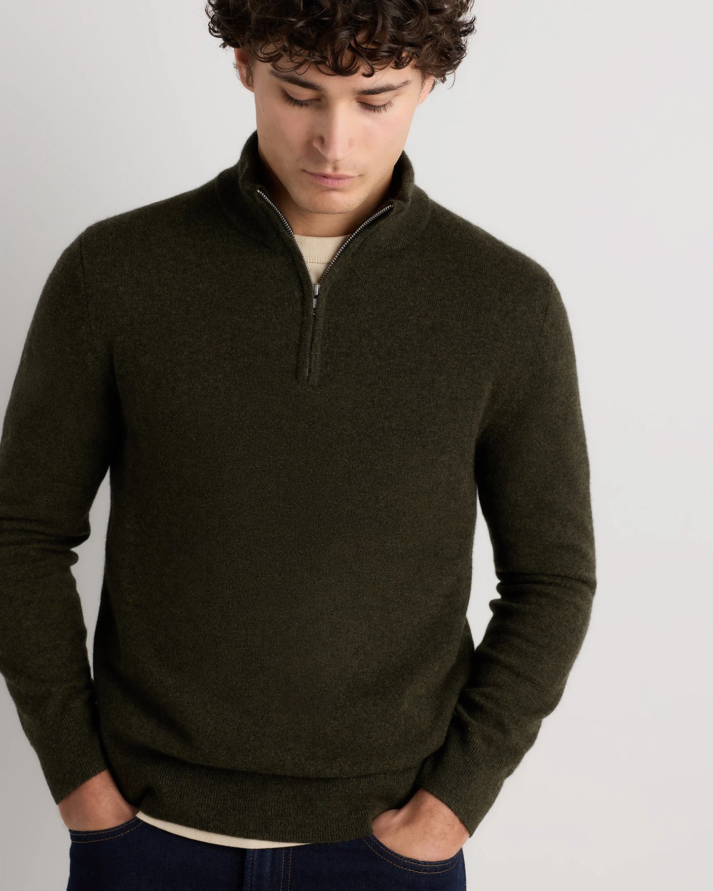 Mongolian Cashmere Quarter Zip Sweater - S / Olive Twist