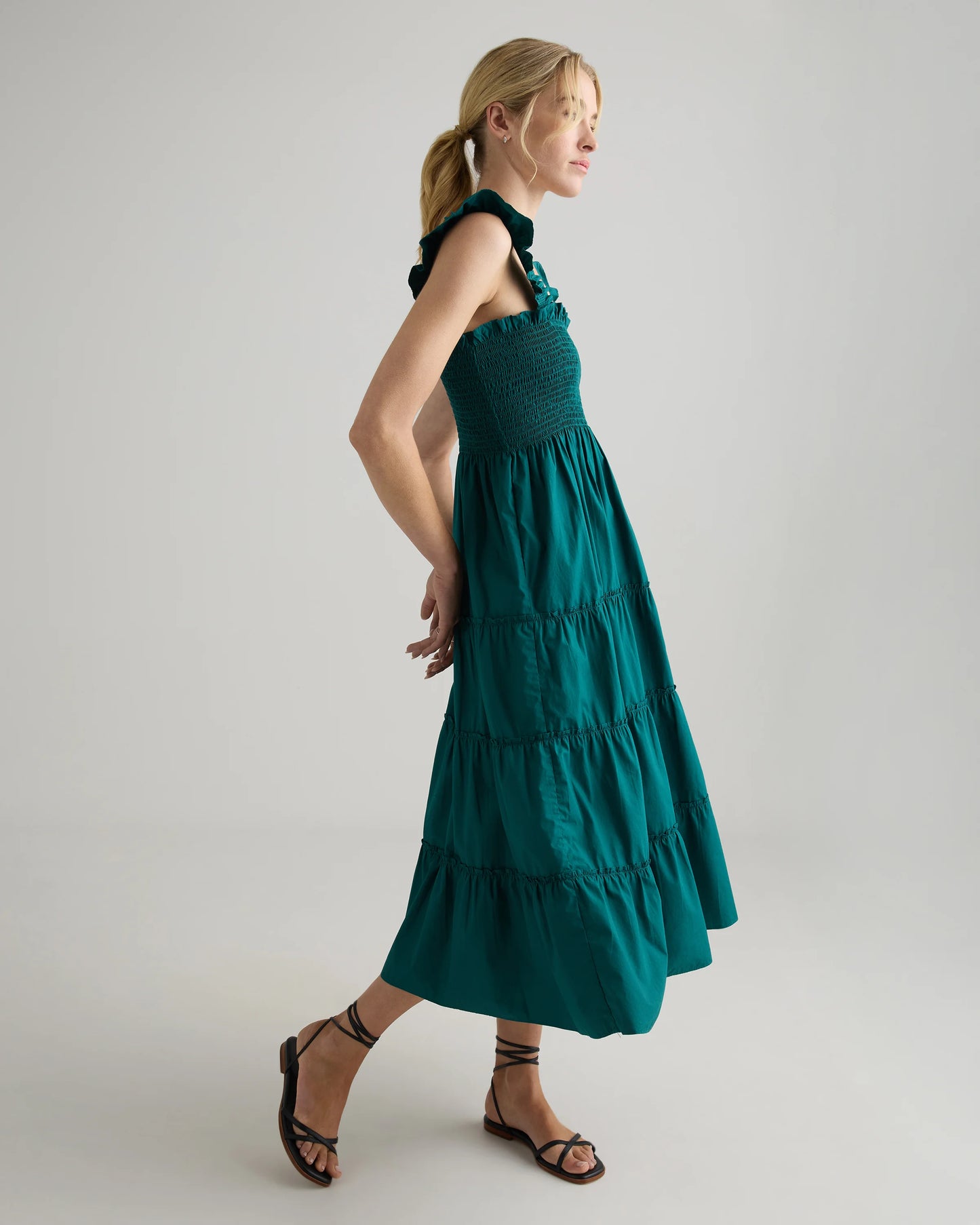 100% Organic Cotton Poplin Smocked Midi Dress - XS / Riviera Blue Heirloom Floral