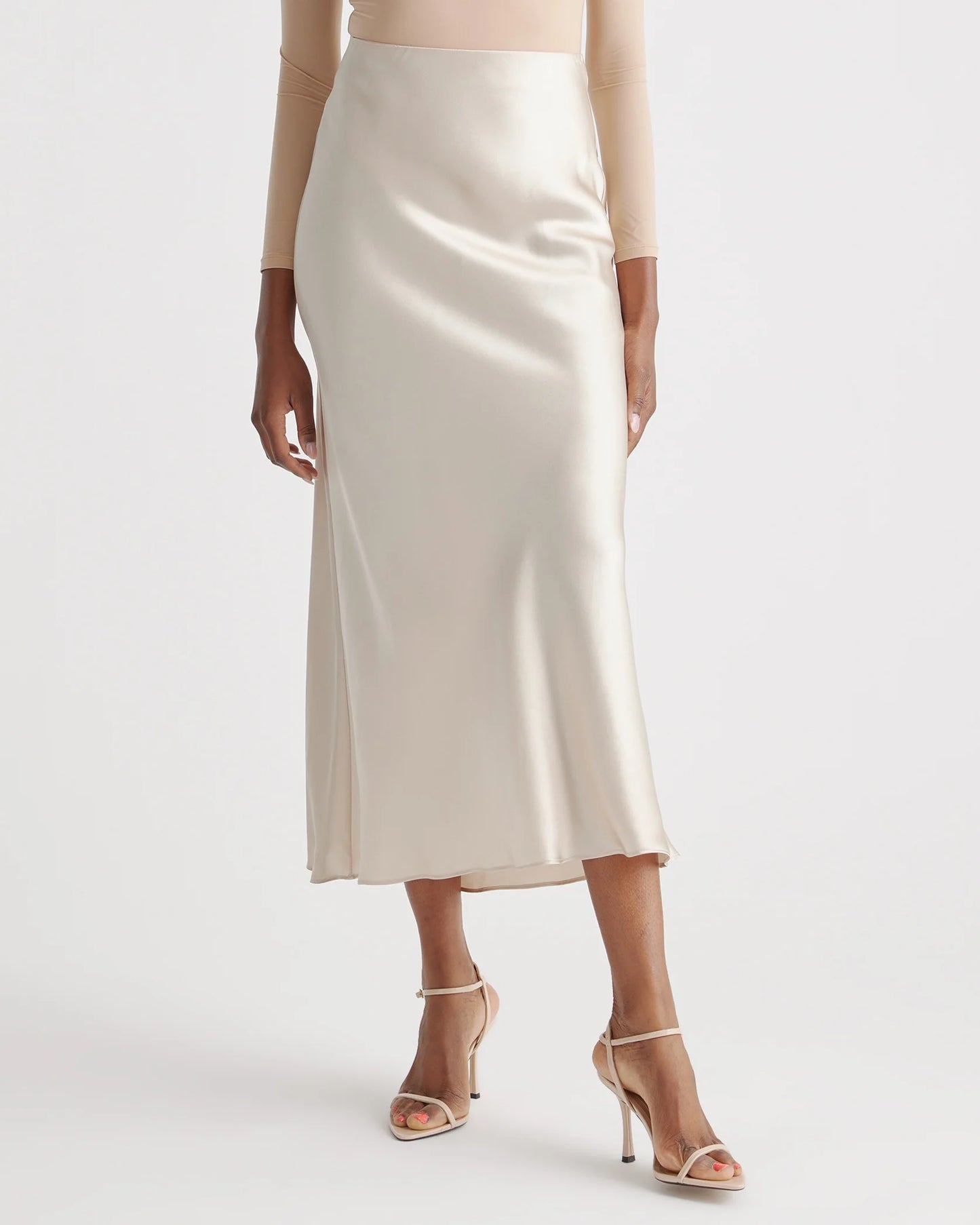 100% Washable Silk Maxi Skirt - XS / Champagne